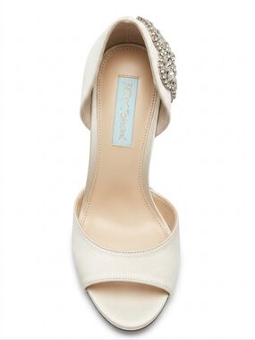 Betsey Johnson Cream Satin Peep-Toe Heels with Crystal Ankle Wrap